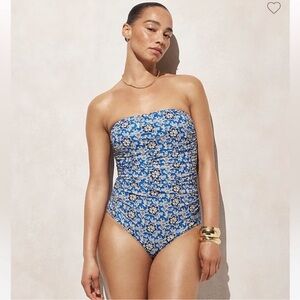 J. Crew Ruched Bandeau One-Piece Swimsuit in Cobalt Floral Size 4